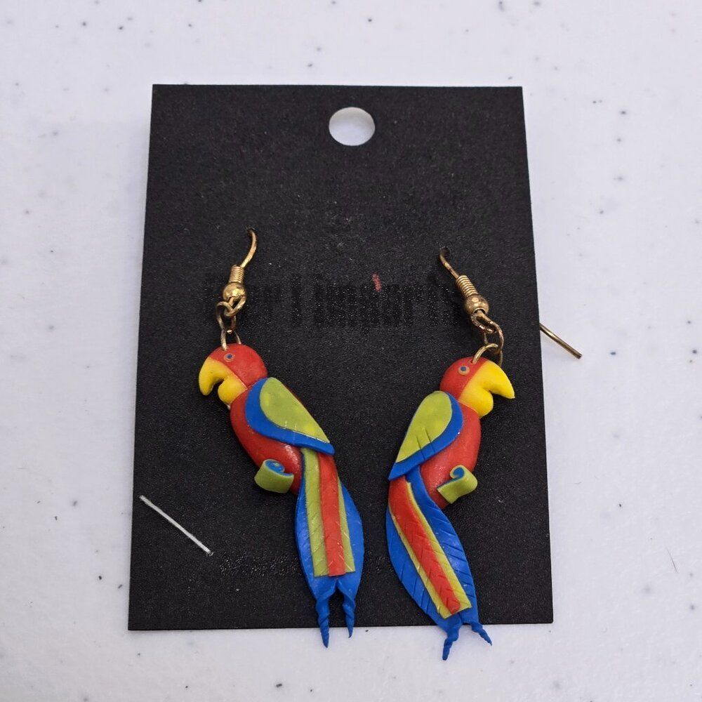 Pier 1 Earrings Parrot Bird Dangle Macaw Rainbow Clay Pierced New Tropical Boho